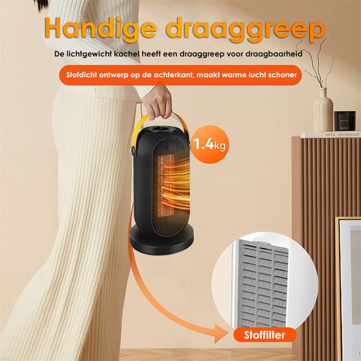 Bolture Elektrische Straalkachel - Ventilatorkachel - Keramische Kachel Met Ventilator - Infrarood - Energiezuinig - 1500W - Zwart – foto 3