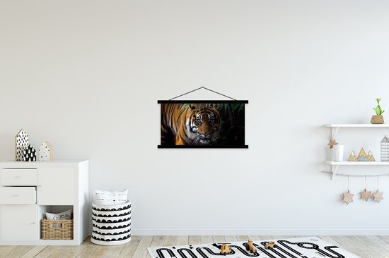 Porte-affiche avec affiche - Affiche scolaire - Tigre - Feuilles - Jungle - Animaux - Jeu - 90x45 cm - Lattes noires