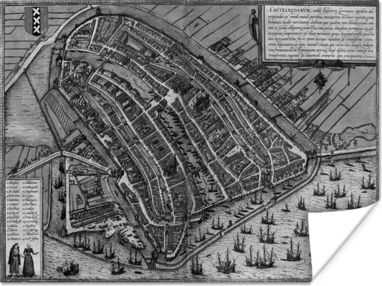 Affiche Carte - Amsterdam - Zwart et blanc - 120x90 cm