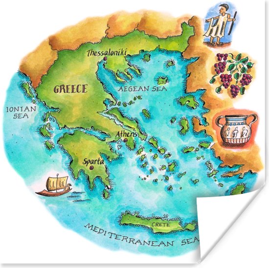 Poster Geïllustreerde kaart van Griekenland - 75x75 cm