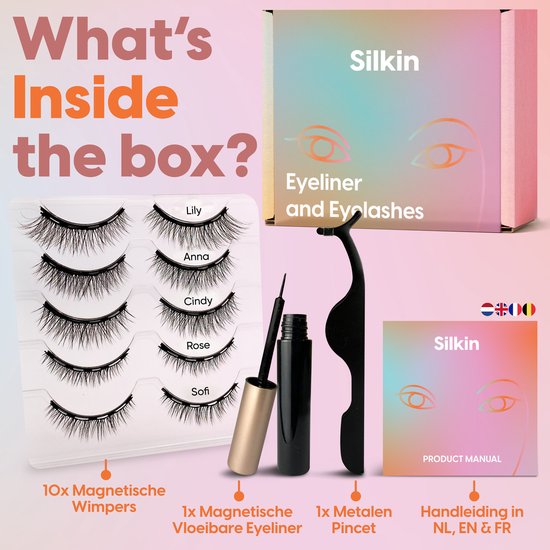 Boxinhoud: 10 magnetische wimpers (Lily, Anna, Cindy, Rose, Sofi), magnetische vloeibare eyeliner, metalen pincet en handleiding.