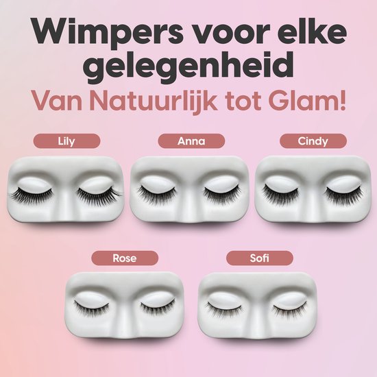 Vijf sets magnetische wimpers op witte mallen, elk met een naam: Lily, Anna, Cindy, Rose, Sofi.