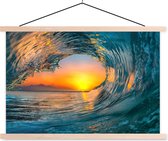 Posterhanger incl. Poster 150x100 cm - Schoolplaat - Zonsondergang - Water - Golf - Oranje - Textielposter - Blanke latten