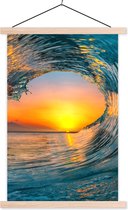 Posterhanger incl. Poster 60x90 cm - Schoolplaat - Zonsondergang - Water - Golf - Oranje - Textielposter - Blanke latten