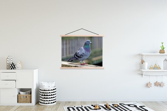 Posterhanger incl. Poster 120x90 cm - Schoolplaat - Duif - Vogel - Paars - Veren - Textielposter - Blanke latten
