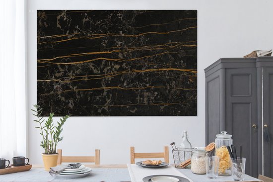 Canvas schilderij 150x100 cm - Wanddecoratie Marmer - Zwart - Goud - Ader - Muurdecoratie woonkamer - Slaapkamer decoratie - Kamer accessoires - Schilderijen op canvas