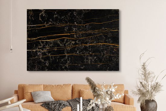 Canvas schilderij 150x100 cm - Wanddecoratie Marmer - Zwart - Goud - Ader - Muurdecoratie woonkamer - Slaapkamer decoratie - Kamer accessoires - Schilderijen op canvas