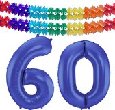 Folat folie ballonnen - Leeftijd cijfer 60 - blauw - 86 cm - en 2x slingers