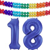 Folat folie ballonnen - Leeftijd cijfer 18 - blauw - 86 cm - en 2x slingers