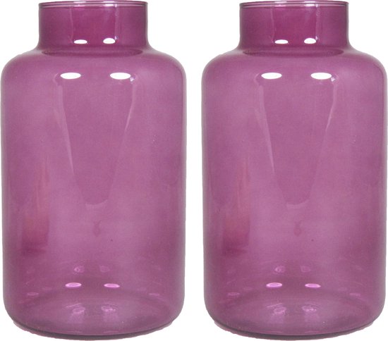 Floran Bloemenvaas Milan - 2x - transparant paars glas - D15 x H25 cm - melkbus vaas met smalle hals