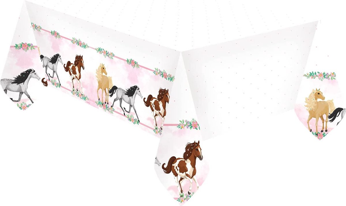 YSR - Plastic Tafelkleed Paard, Afmeting 120 X 180 Cm, Wit Met Pony Bordur, Tafeldecoratie, Kinderverjaardag, Themafeest