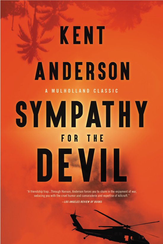 Boekomslag voor 'Sympathy for the Devil' van Kent Anderson, met een oranje achtergrond, tekst en een helikopter.