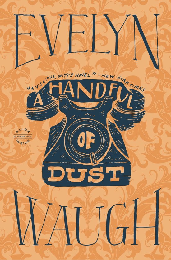 Boek 'A Handful of Dust' van Evelyn Waugh met een oranje achtergrond en donkerblauwe tekst en telefoonafbeelding.