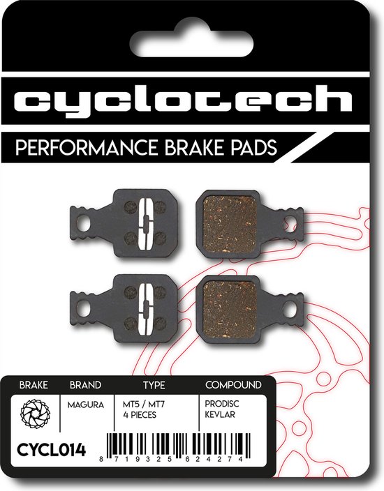 Emballage de quatre plaquettes de frein Cyclotech Performance, Magura MT5/MT7, Prodisc Kevlar.