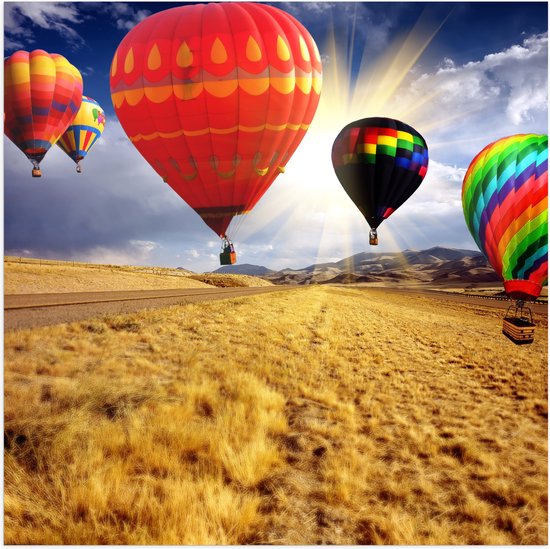 WallClassics - Poster Glanzend – Groep Luchtballonnen in Verschillende Kleuren boven Droog Landschap - 50x50 cm Foto op Posterpapier met Glanzende Afwerking
