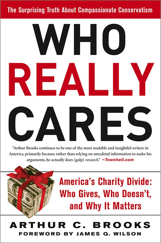 Boekomslag: 'Who Really Cares' met rode tekst en een afbeelding van geld gebundeld met een rood lint.