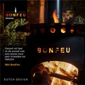 BonFeu terrashaard in de avond met vlammen en tekst 'BonFeu Original Dutch Design'.
