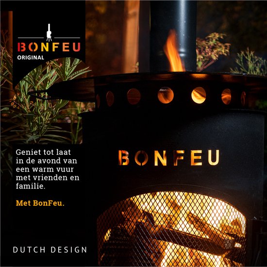 BonFeu terrashaard in de avond met vlammen en tekst 'BonFeu Original Dutch Design'.