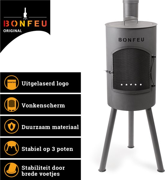 Grijze BonFeu tuinhaard met uitgelaserde logo, vonkenscherm, op drie poten.