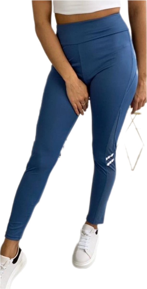 Sportlegging - Dames - Highwaist - Maat S/M - Yoga legging - Kleur Blauw - doorzichtig stukje benen.