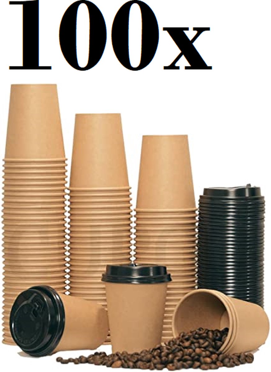 Kartonnen Koffiebeker to go 8oz 240ml bruin+ zwarte deksels- 100 Stuks - wegwerp papieren bekers - drinkbekers karton - Merkloos