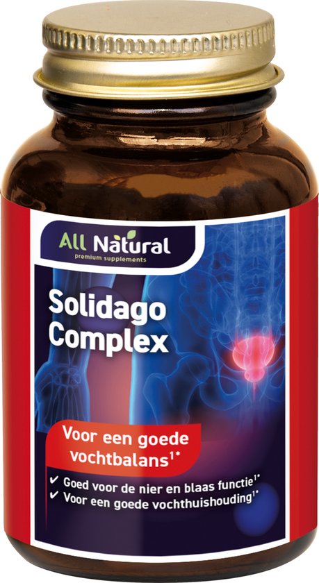 Bruine pot met etiket 'Solidago Complex' met afbeelding van het urinestelsel.