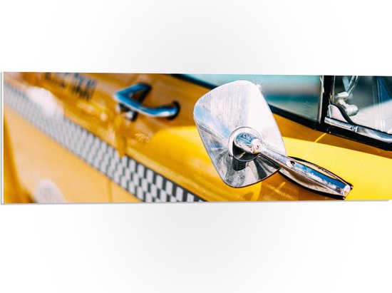 WallClassics - PVC Schuimplaat- Close-up van Spiegel aan Gele Schoolbus - 90x30 cm Foto op PVC Schuimplaat