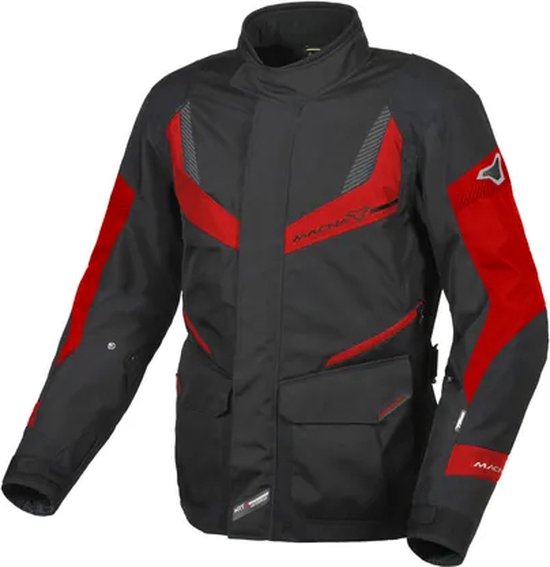 Zwarte motorjas met rode accenten op de mouwen en borst. Met 'MACNA' logo op de borst en reflecterende details.