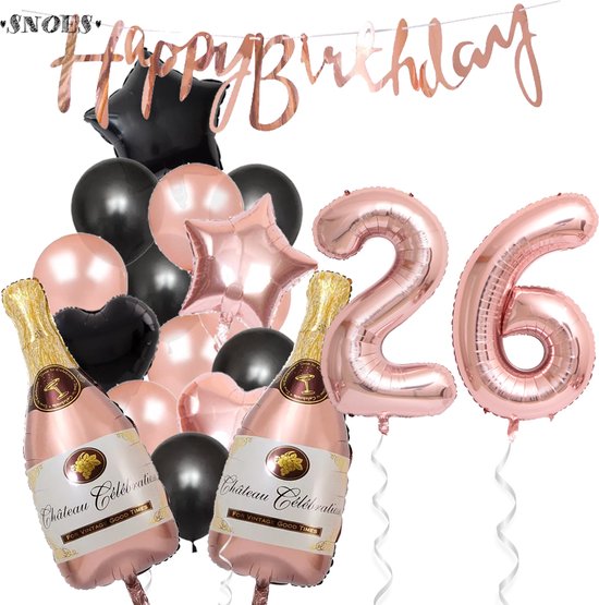 26 Jaar Verjaardag Cijferballon 26 - Feestpakket Snoes Ballonnen Pop The Bottles - Rose Zwart Versiering