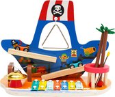 Houten speelgoed - 4 in 1 piratenschip - driehoek ijzer - xylofoon - bel - baan speelgoed auto - jongens- en meisjesspeelgoed voor 1 jaar, 2 jaar en 3 jaar oud - Verjaardagscadeau - Cadeau