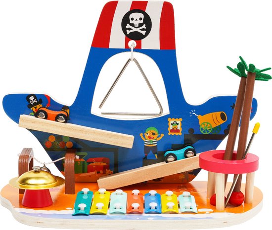 Houten speelgoed - 4 in 1 piratenschip - driehoek ijzer - xylofoon - bel - baan speelgoed auto - jongens- en meisjesspeelgoed voor 1 jaar, 2 jaar en 3 jaar oud - Verjaardagscadeau - Cadeau - Kerst cadeau voor kinderen