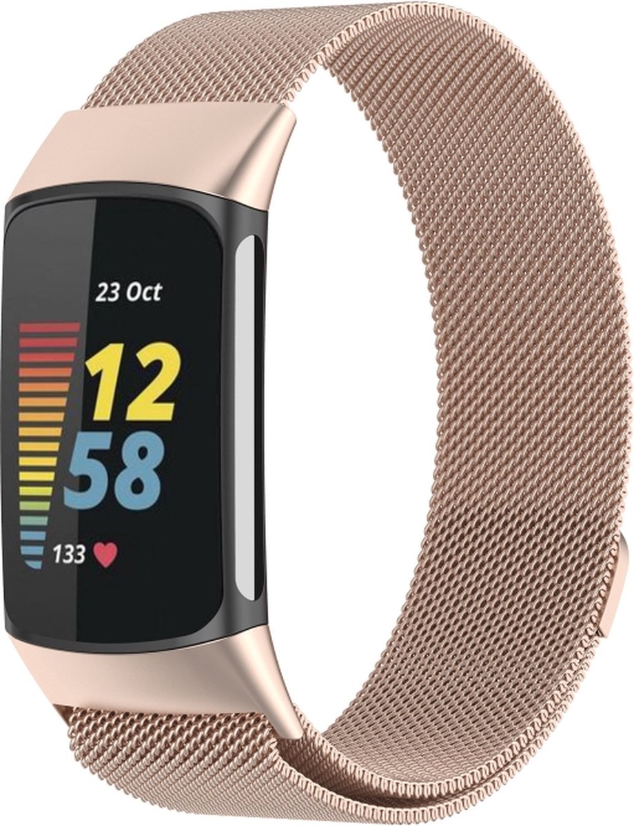 Geschikt voor Fitbit Bandje Charge 5 - Milanees - Praktisch met magneetsluiting - Champagne