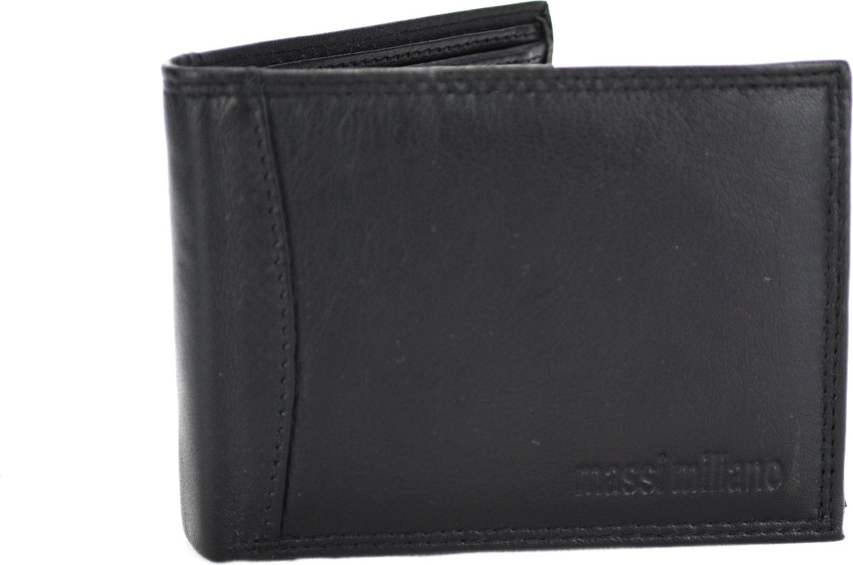 Massi Miliano Kleine Portemonnee Heren Nappa Leer Zwart- Billfold - 11x1.5x8.5cm- (PHXW-350-6) -