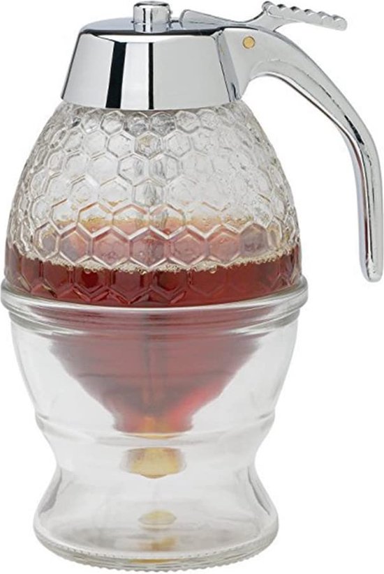 Hunnibi Honey Dispenser PLUS - No Drip Glass with Stainless Steel TOP - Syrup Dispenser Glass - Beautiful Honey Pot - Honey Pot with Stand