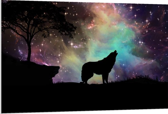 WallClassics - PVC Schuimplaat - Silhouette van een Wolf bij Sterrenhemel - 120x80 cm Foto op PVC Schuimplaat (Met Ophangsysteem)