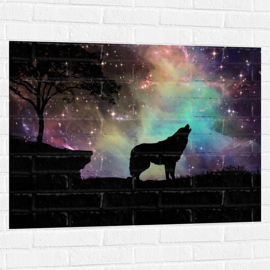 WallClassics - Muursticker - Silhouette van een Wolf bij Sterrenhemel - 100x75 cm Foto op Muursticker