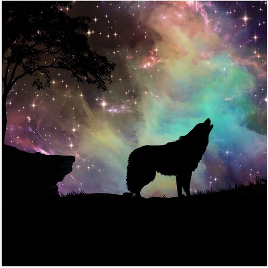 WallClassics - Poster Glanzend – Silhouette van een Wolf bij Sterrenhemel - 50x50 cm Foto op Posterpapier met Glanzende Afwerking