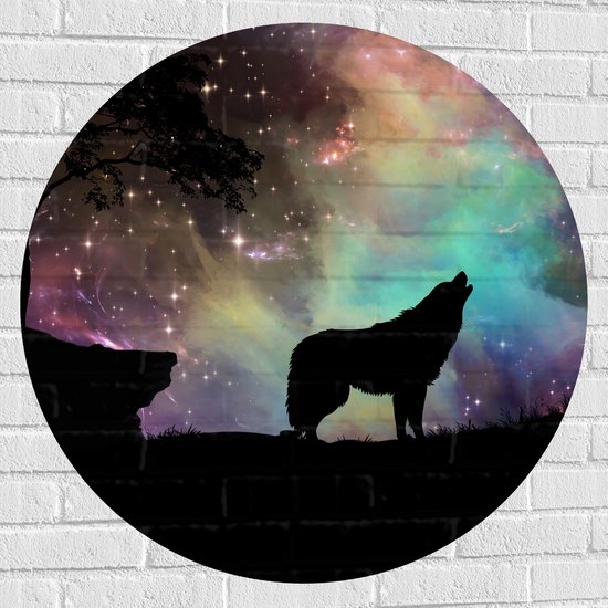 WallClassics - Muursticker Cirkel - Silhouette van een Wolf bij Sterrenhemel - 90x90 cm Foto op Muursticker