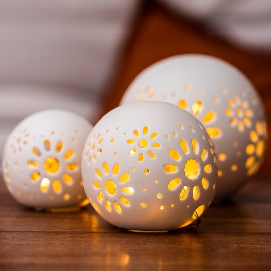 Gadgy 3 Globe lampes céramique avec cordon lumineux - éclairage d'ambiance sur piles - lampe de table - blanc - Ø 8/10/12 cm