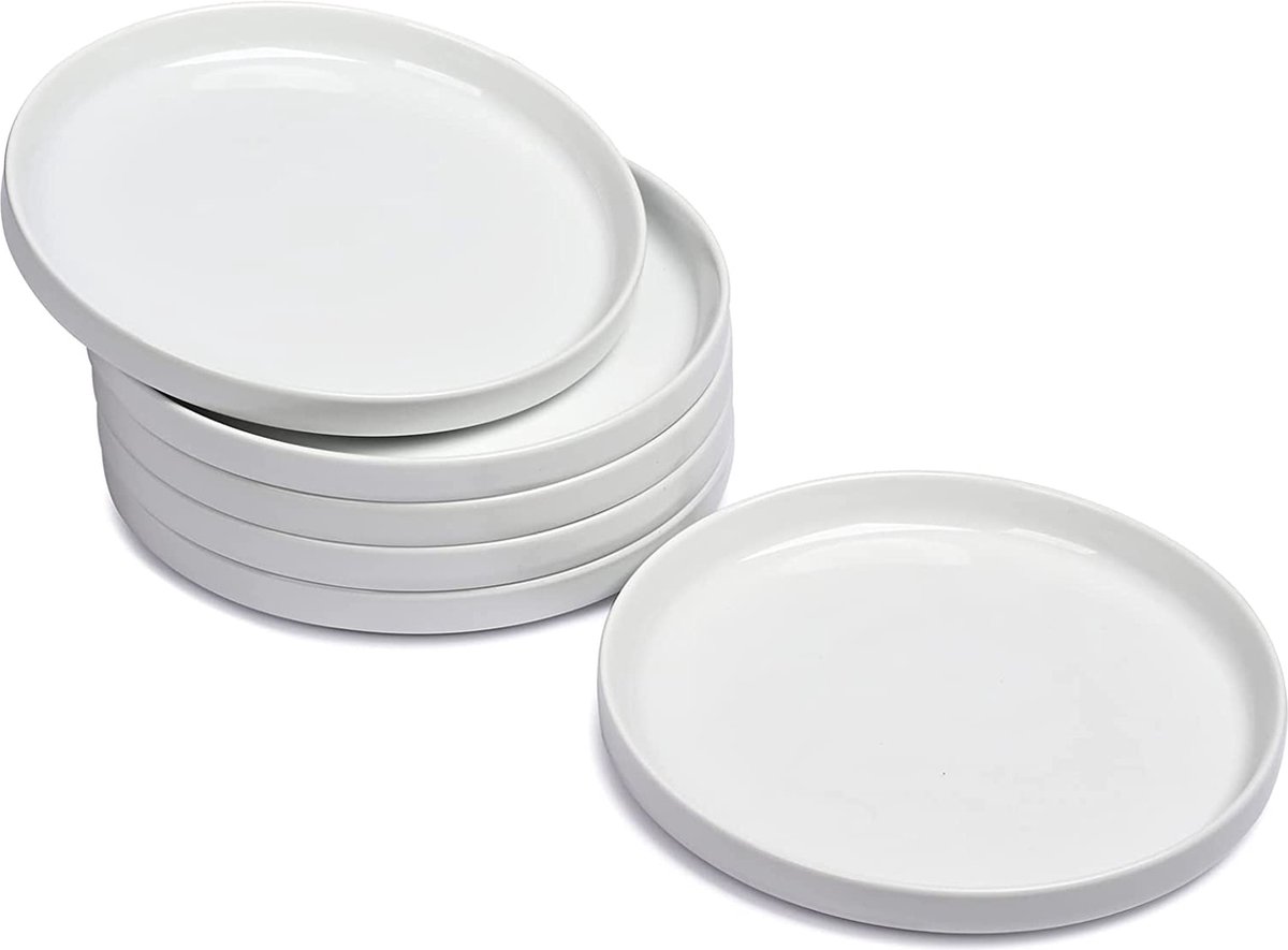 WishDeco Witte saladeborden, set van 6, kleine borden van porselein, dessert-voorgerechten borden voor pasta, snacks, cake, brood, vaatwasmachinebestendig, magnetron- en ovenbestendig, 17,8 x 2 cm, stapelbaar