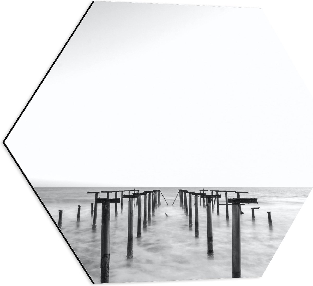 Dibond Hexagon - Rij Palen in de Zee - 60x52.2 cm Foto op Hexagon (Met Ophangsysteem)