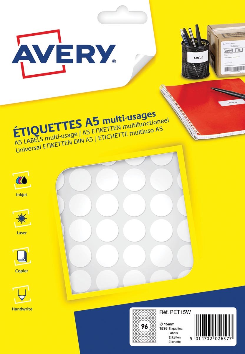 Avery PET15W ronde markeringsetiketten, diameter 15 mm, blister van 1536 stuks, wit 5 stuks