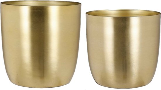 Mica - Plantenpot/bloempot set - 2x stuks - metaal - goud - D22/D24 cm