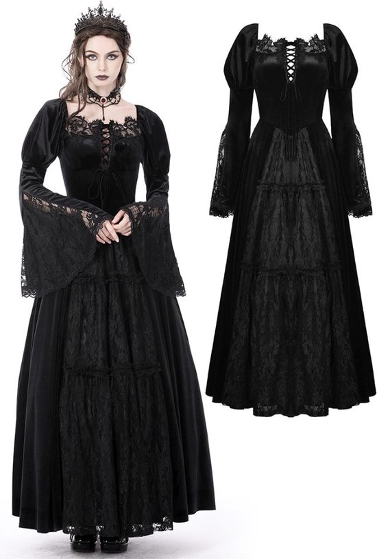 Dark in Love Maxi lange jurk Gothic gorgeous velvet-lace-splicing Zwart | bol.com