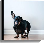 WallClassics - Canvas - Luisterende Zwarte Hond - 40x40 cm Foto op Canvas Schilderij (Wanddecoratie op Canvas)