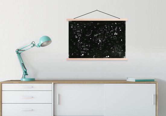 Affiche scolaire - Wereldkaart - Enfants - Zwart - Wit - 90x60 cm
