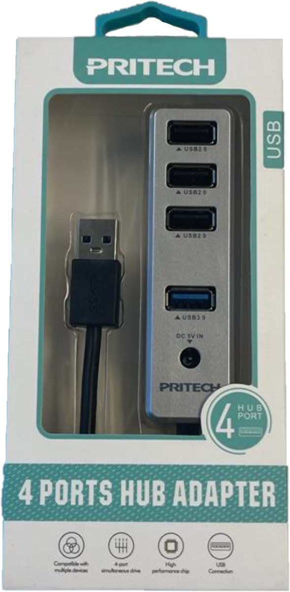 4 in 1 USB Poort - Verdeler - 3 Poorts 2.0 USB Hub - Geschikt voor Laptops en PC - 1 USB 3.0-poort - Zilver