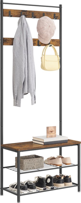 O'DADDY® kapstok staand – kapstokken - kapstok met schoenenrek – kapstok bruin - garderoberek - kledingstandaard - garderoberek met kapstok - garderoberek met schoenenrek - 9 haken 2 laags schoenenrek 6 paar - garderoberek - 70 x 32 x 175 cm