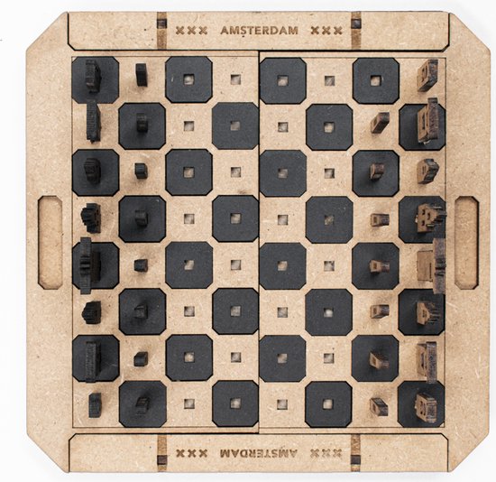 Thumbnail van een extra afbeelding van het spel Meuq Design Bord Spel - Schaakset - Amsterdam - hout - reis - compact