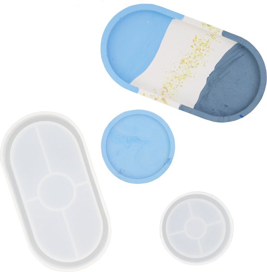 Ensemble de moules en Siliconen - Plat ovale 18 cm x 9,5 cm x 1,6 cm et sous-verres ø 8 cm (2 pcs)